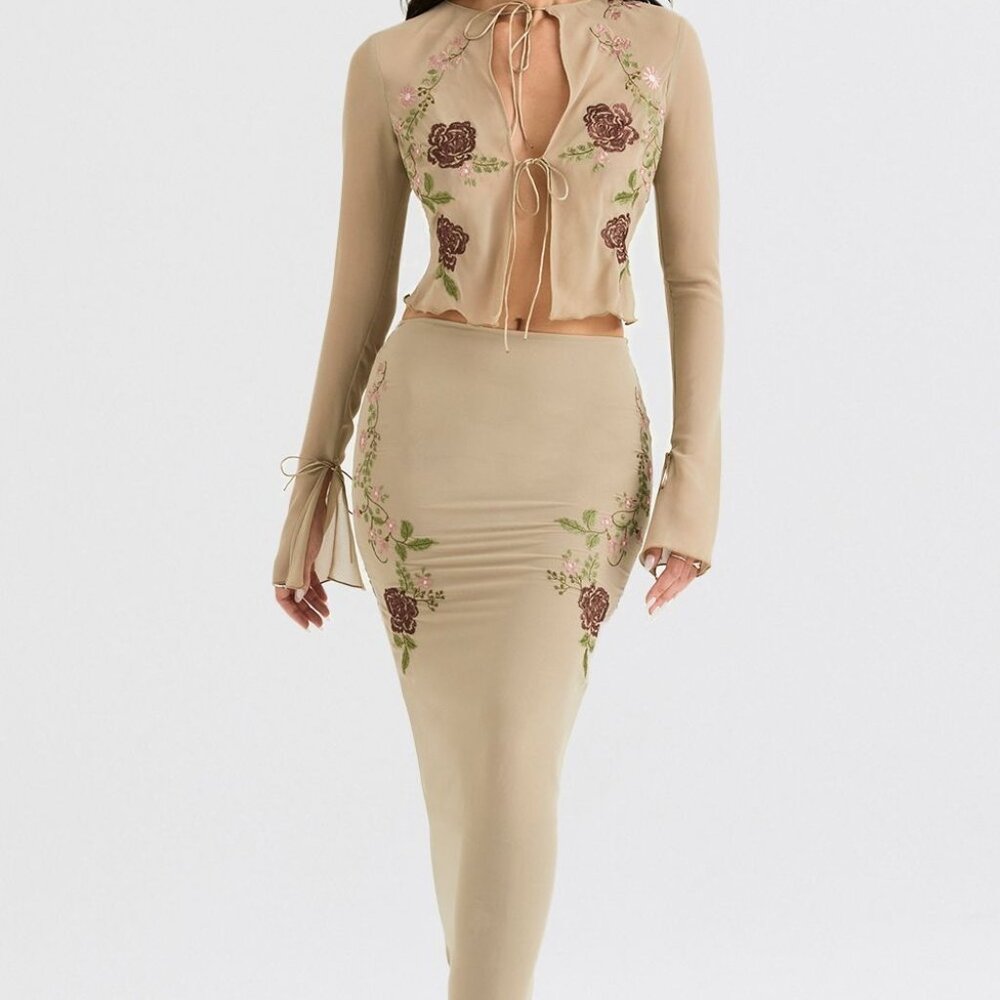 House of CB, Avocado, floral embroidered georgette fabric, top and skirt, small